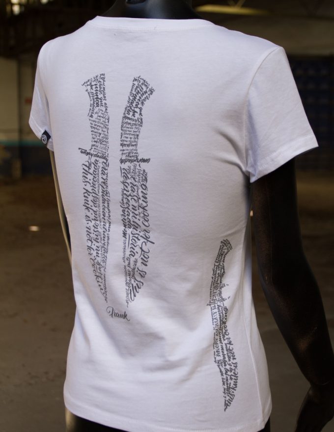 Lateral diseño Frank, camiseta blanca clásica de algodón, moda femenina.